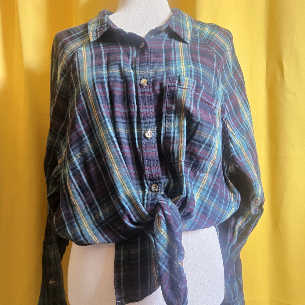 Plaid Button-Up Shirt with Tie Front